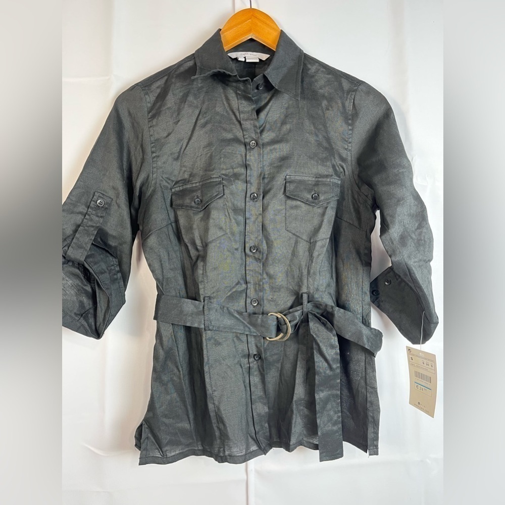 Zara Basic Button Up Belted Shirt Black Size S NWT